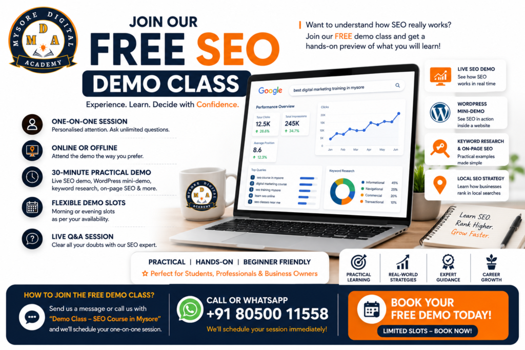 Free SEO Course in Mysore demo class with practical training, WordPress demo, and one-on-one mentorship.