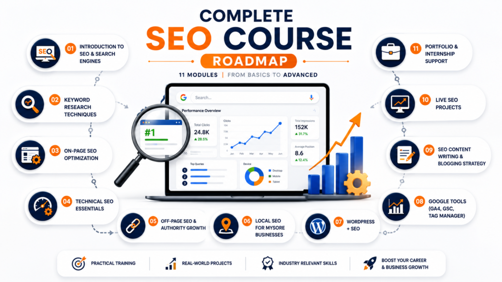 SEO course syllabus roadmap featuring keyword research, on-page SEO, technical SEO, local SEO, WordPress SEO, Google Analytics, content writing, live projects, and internship support for digital marketing learners.